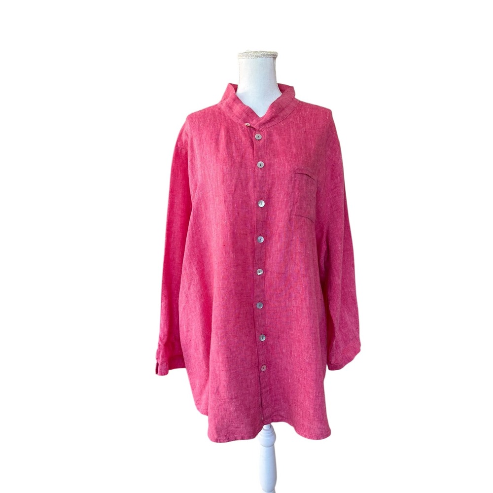 Flax Linen‎ Afternoon Cover Mandarin Collar Button Front Shirt Top Pink Size 1G